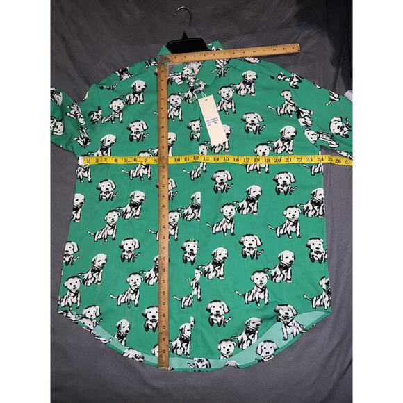 New Elli White Top Women's Size S Green Dog Print Button Shirt Collared Novelty - Picture 6 of 10